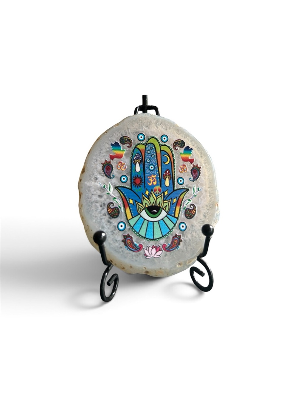 Hand-Painted Blue Hamsa Agate Slice Wall Art
